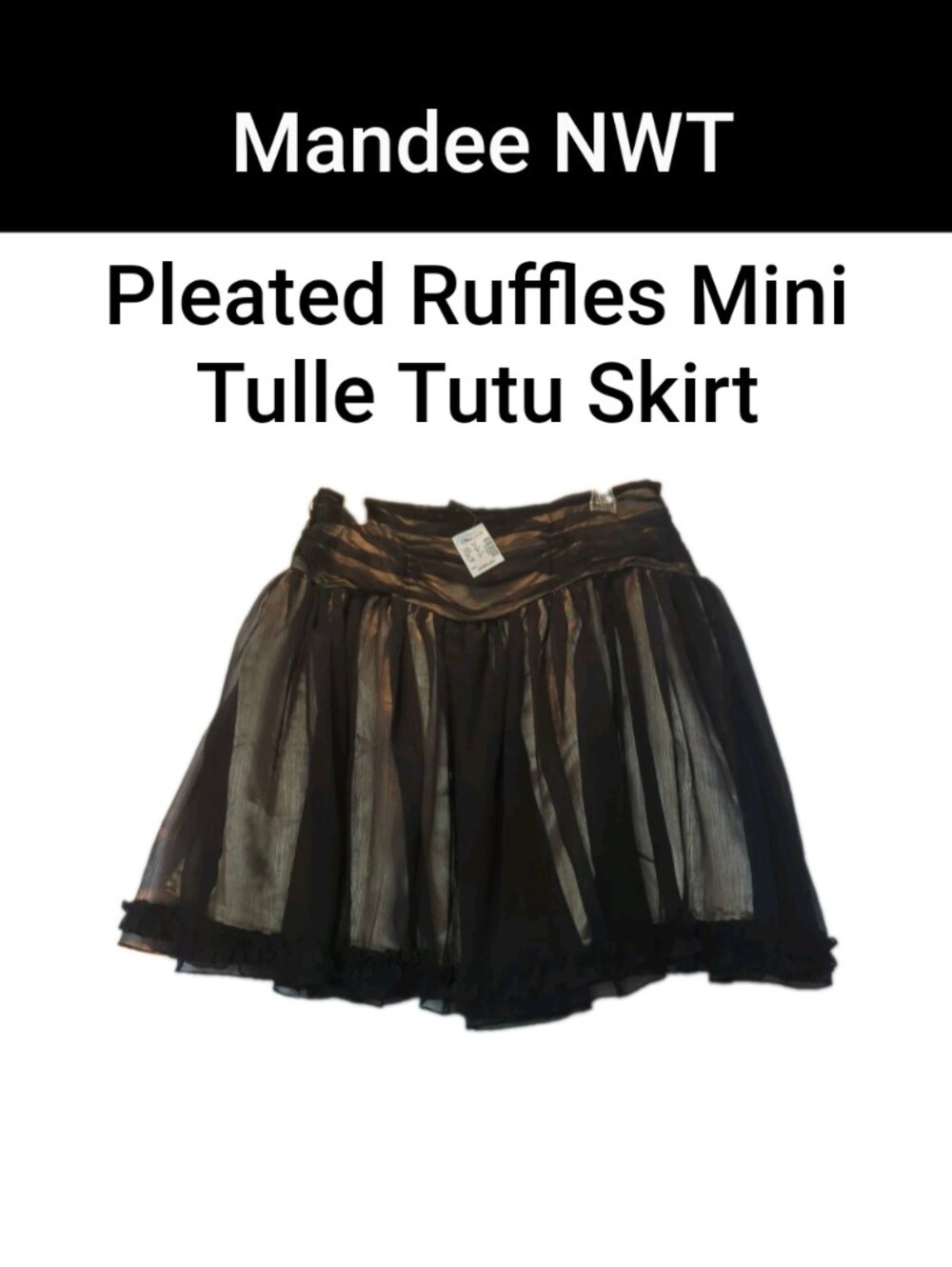 Mandee Tulle Tutu Ruffle Mesh Pleated Skirt Black & Underskirt Tan NWT